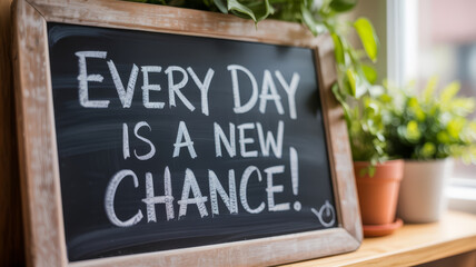 Chalkboard with inspirational message Every Day Is A New Chance! next to potted plants.