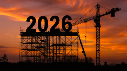 Construction of the year 2026 against a vibrant sunset sky.