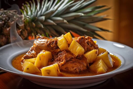 Tropical Chicken and Pineapple Dish. Plate of chicken with pineapple chunks, ideal for tropical or gourmet dining themes.
