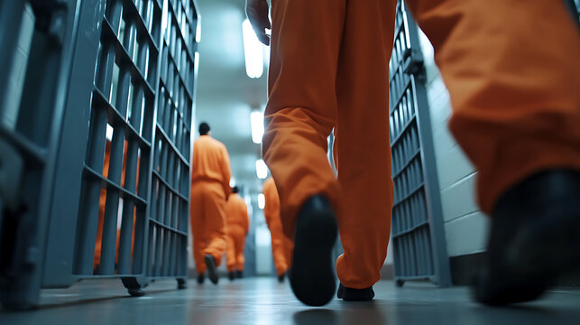 A somber march through confinement, captured in a stark, low-angle shot. Rows of cells on either side emphasize the bleakness and monotony of prison life, highlighting uniformity.