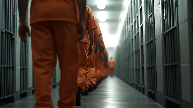 A long, gray corridor lined with metal cells stretches into the distance, where figures in orange uniforms walk along. They stride, moving in uniform, surrounded by grey bars and walls.