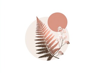 Minimalist Fern Leaf Circular Logo Design with Earth Tones and Flat Vector Silhouette