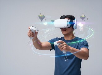 Focused Young Man Immersed in Virtual Reality, Wearing White VR Headset and Holding Controllers, Interacting with Futuristic Digital Interface and Fantasy Floating Islands