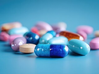 Blue Pills on Dark Blue Background with Copy Space, Healthcare and Lifestyle Concept 3D Render