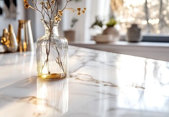 A clear glass vase with dried flowers on a glossy white marble countertop with golden veins, in warm natural light