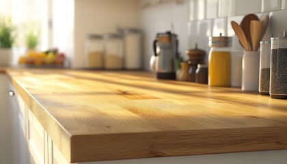 A sunlit modern kitchen with a clean wooden countertop, jars of grains, spices, and a coffee maker in the blurred background