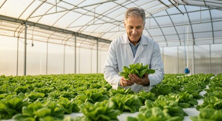 Scientist Inspecting Hydroponic Lettuce