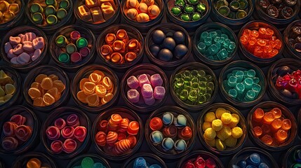 Fototapeta premium Small round containers filled with colorful hard candies in rows, showcasing a variety of shapes and hues