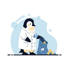 An illustration depicting a penguin wearing a lab coat, holding a bag overflowing with golden objects