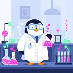 An illustration depicting a penguin in a lab coat, goggles, and tie. He holds a flask with pink liquid amidst various beakers, tubes, and glowing spheres
