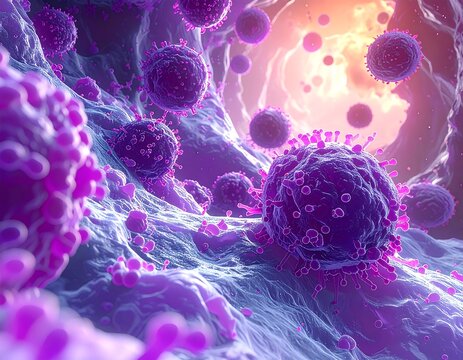 Microscopic view of virus particles in purple and blue cellular environment