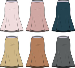 Flat vector illustrations of women's long skirts, showcasing A-line and flared silhouettes in diverse solid colors, ideal for fashion design and apparel catalog concepts