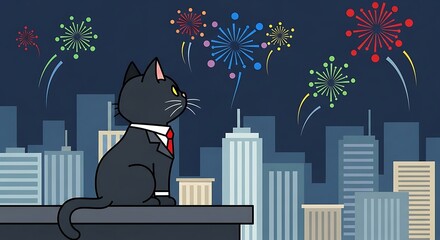 An illustration depicts a black feline in a suit observing vibrant fireworks burst over a city skyline at night