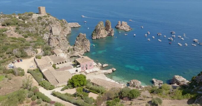 Aerial view of the Scopello tuna fishery, in the province of Trapani, Italy. It is one of the most important and oldest tuna fisheries in Sicily and overlooks the Mediterranean Sea.