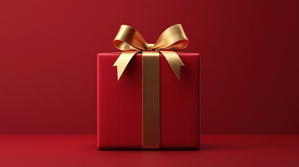 red gift box with a golden ribbon on a red background, front view. christmas present for holiday celebration and special events, red christmas gift mock-up, design element, 3d rendering