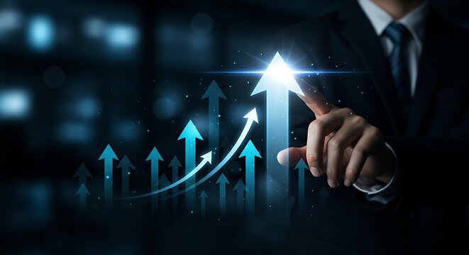 Businessman touching a virtual arrow graph. Concept of business growth, strategy, investment, and development for future success and high profit