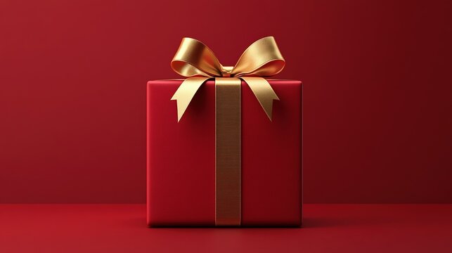 red gift box with a golden ribbon on a red background, front view. christmas present for holiday celebration and special events, red christmas gift mock-up, design element, 3d rendering