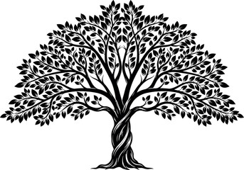 Intricate black and white silhouette of a twisted trunk tree with detailed foliage vector © Safayat