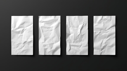A set of four blank white rectangular paper stickers with realistic textures is presented against a solid black background. Each sticker features unique folds, rounded corners.