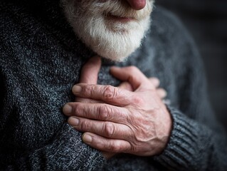 Elderly Man Clutching Chest In Pain, Close-Up Heart Attack Symptoms, Dark Grey Sweater, Sharp Focus