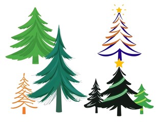 Obraz premium abstract pop art pastel illustration of stylized Four stylized Christmas trees in various designs and colors. Christmas trees in green, brown, and black