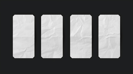 A set of four blank white rectangular paper stickers with realistic textures is presented against a solid black background. Each sticker features unique folds, rounded corners.