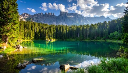 Azure lake reflects mountain range and surrounding evergreen forest scenery
