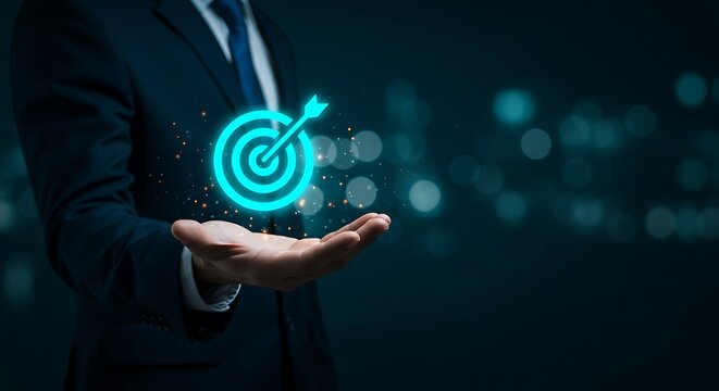 Futuristic visualization of goal setting and achievement with businessman holding neon digital bullseye symbolizing success in business strategy