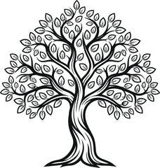 Detailed black and white stylized tree silhouette with full foliage vector