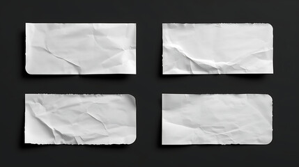 A set of four blank white rectangular paper stickers with realistic textures is presented against a solid black background. Each sticker features unique folds, rounded corners.