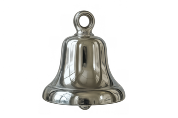 Shiny silver bell representing celebration, event, memory, and sound, featuring reflective metal surface on transparent background