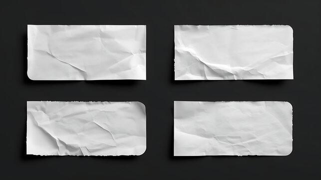 A set of four blank white rectangular paper stickers with realistic textures is presented against a solid black background. Each sticker features unique folds, rounded corners.