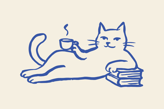 Fototapeta cat relaxing with coffee and books doodle minimal line drawing vector illustration