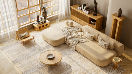 Modern japandi living room with wooden furniture, soft beige tones and natural light, minimalist interior 3D illustration