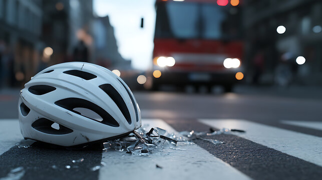 Aftermath on city streets: A cyclist's helmet lies amidst shattered glass on a pedestrian crossing, suggesting an accident. A bus approaches, highlighting the urban setting.