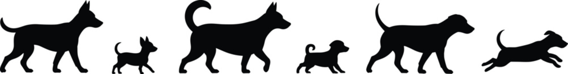 Dog growth stages silhouette illustration showing puppy to adult evolution, animal life cycle, pet development, domestic dog evolution concept.