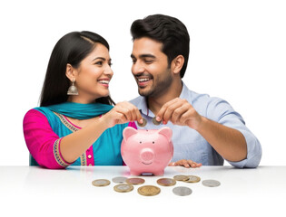 Indian couple saving money in piggy bank transparent background cutout png