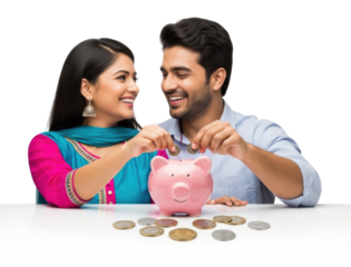 Indian couple saving money in piggy bank transparent background cutout png