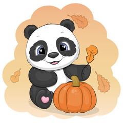 A cute cartoon Panda with pumpkin. Vector illustration of animal with vegetable and orange background with autumn leaves.