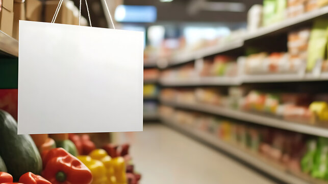 Grocery store aisle with a blank sign hanging above fresh produce. Shelves with various food items line the background. The scene is bright and inviting.