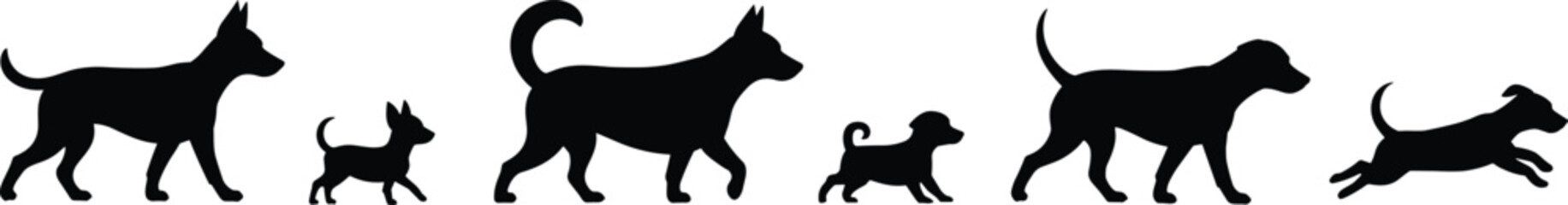 Dog life stages silhouette illustration showing puppy to adult growth, animal evolution, pet development, canine lifecycle, domestic dog concept.