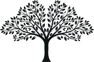Obraz premium Symbolic black silhouette of a mature tree with lush foliage spreading outward vector