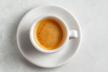 Fototapeta premium Coffee Cup with Espresso on Saucer, Minimalist White and Beige Style