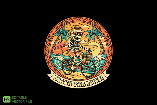 Skeleton Riding Bicycle on Beach Paradise with Palm Trees and Su