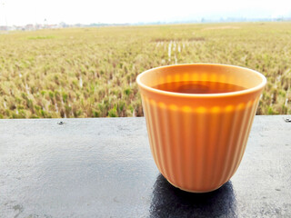 Warming Orange Cup of Hot Tea on a Table Overlooking Vast Harvested Paddy Field