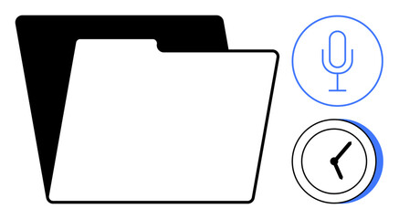 Open file folder beside a voice recording microphone and clock. Ideal for data storage, organization, time tracking, productivity, accessibility, voice notes, and task planning. Simplistic flat