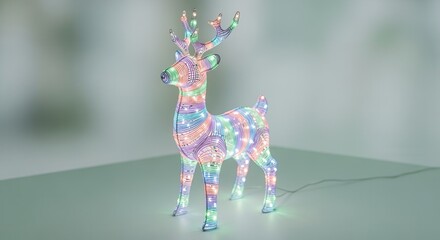 A colorful illuminated reindeer figurine with LED lights. Modern Christmas holiday decoration. Festive seasonal object on a pastel green background