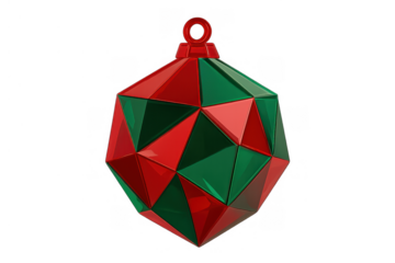 Geometric christmas ornament made of red and green polygons, hanging for holiday decoration on transparent background
