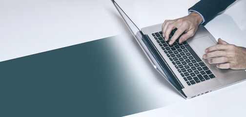 Digital Workspace Simplicity: A Modern Professional at a Clean Desk, Focusing on Productivity