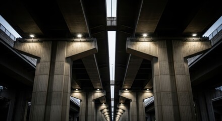 Symmetrical urban underpass with concrete support structures and geometric lighting patterns